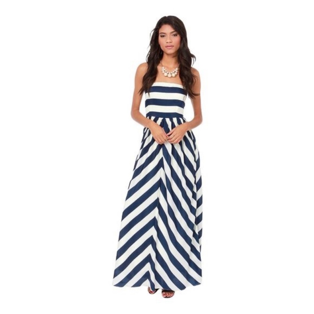 Lulu's Dreamboat Come True Ivory & Navy Striped Strapless Maxi Dress Size Large